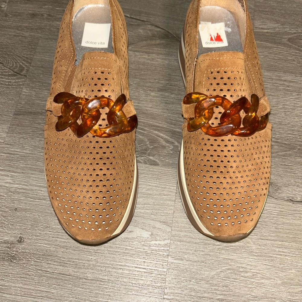 Dolce Vita Tan Loafers with Amber Chain Accent